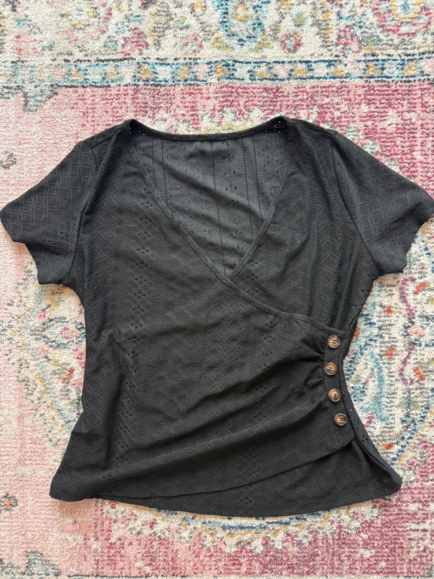 Black asymmetric button up short sleeve top