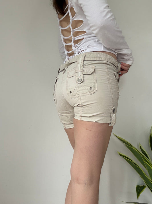 creme low rise cargo mini shorts