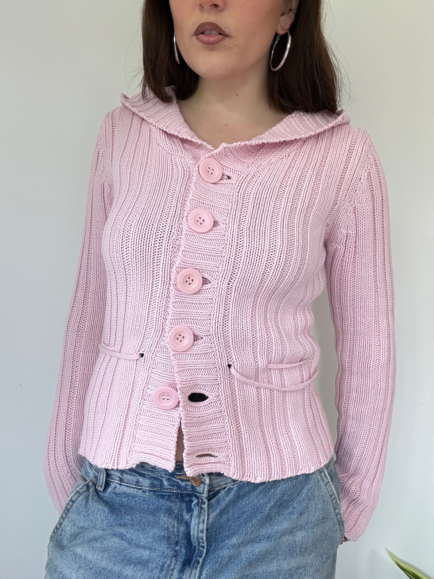 Vintage pink button up hooded cardigan