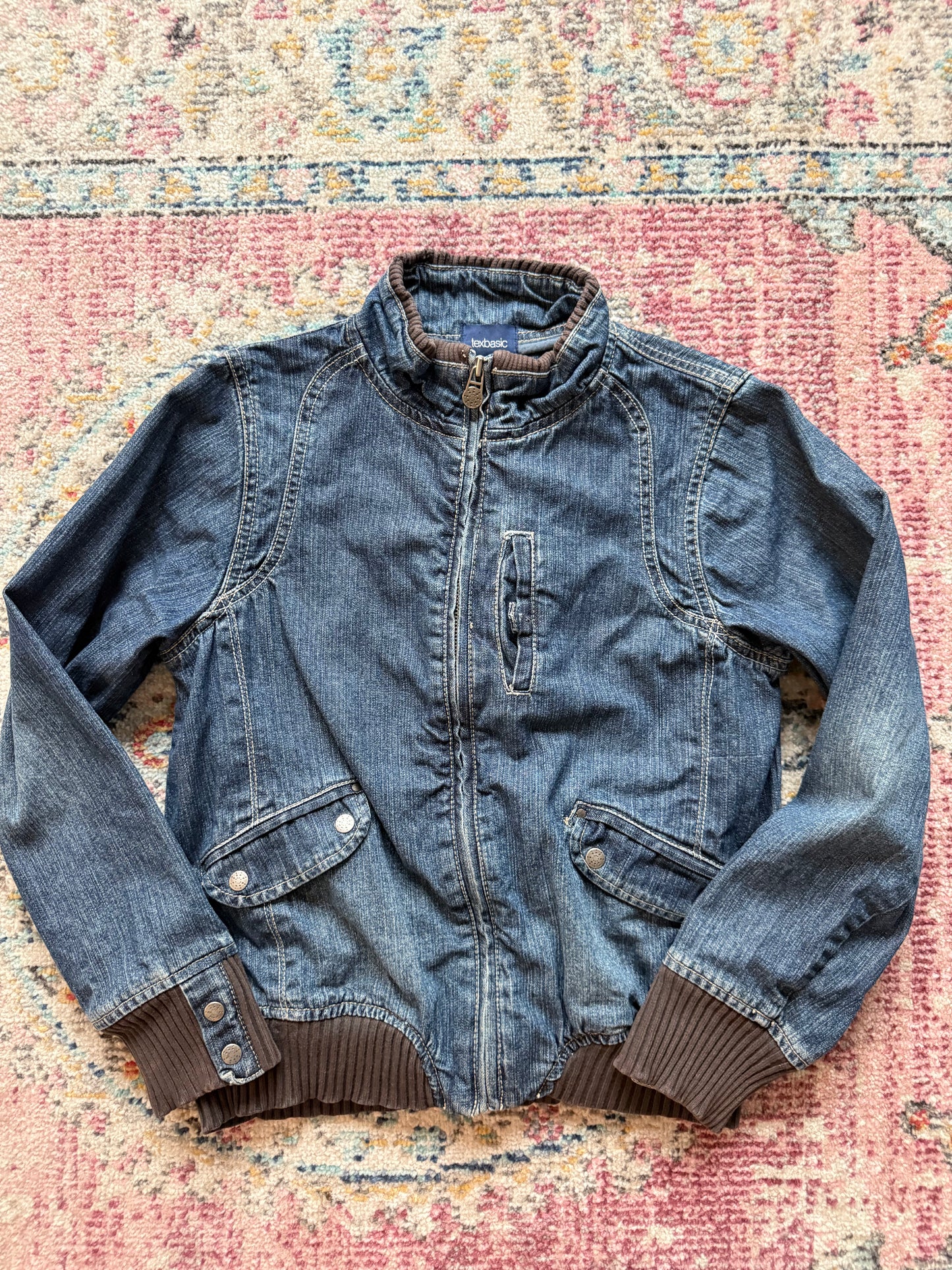 Y2K Denim Bomber Jacket with brown ribbed details