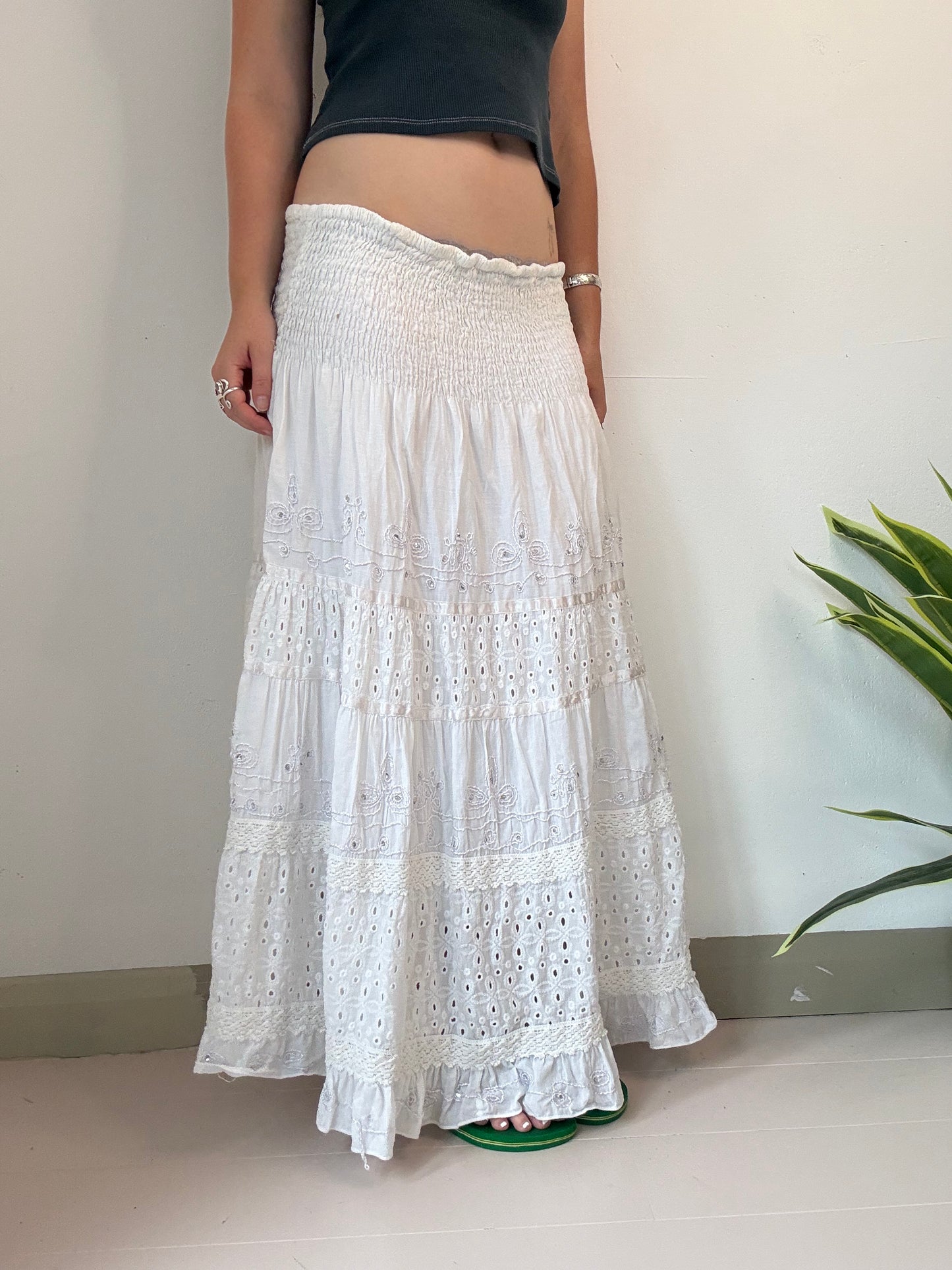 white embroidered sequin fairy pleated maxi skirt