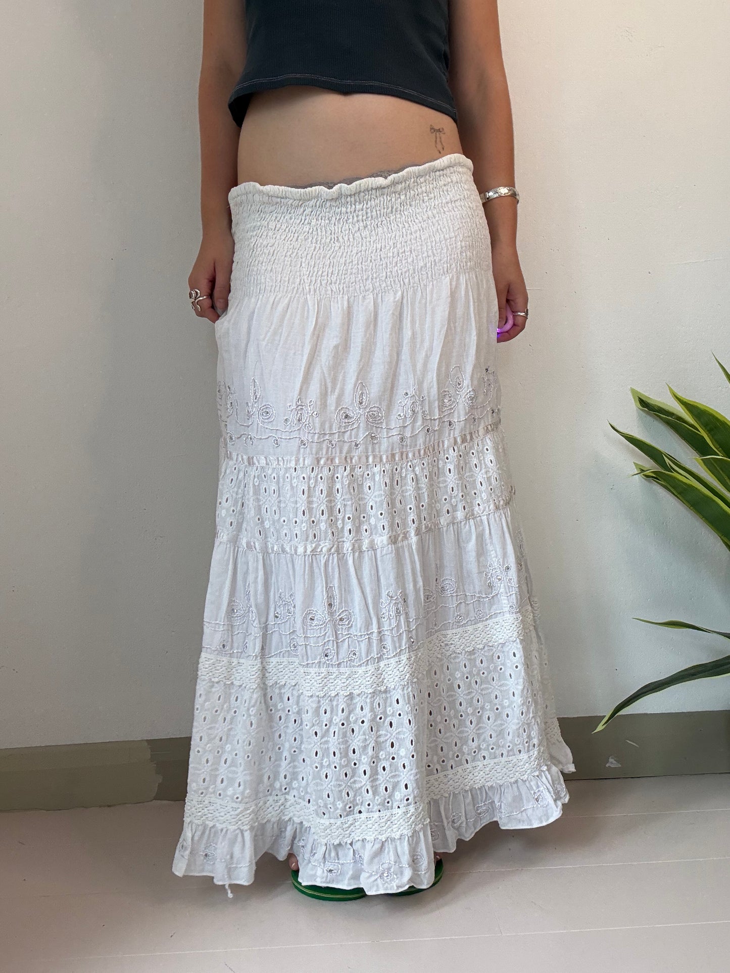 white embroidered sequin fairy pleated maxi skirt