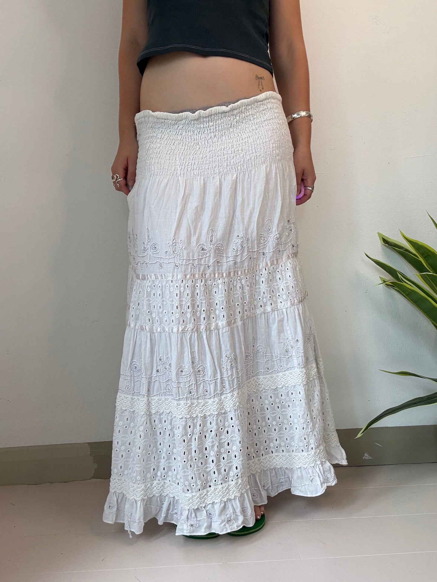 white embroidered sequin fairy pleated maxi skirt