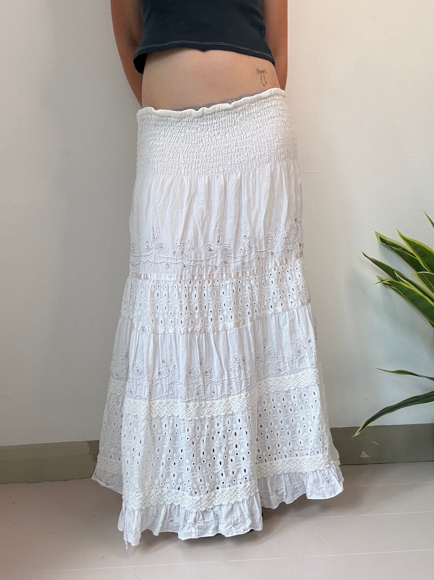 white embroidered sequin fairy pleated maxi skirt