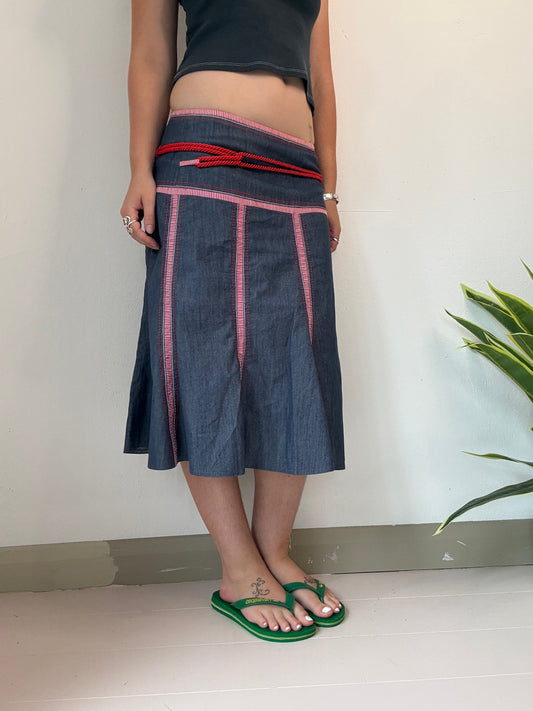 vintage low rise denim pleated midi skirt with red stripy detailing