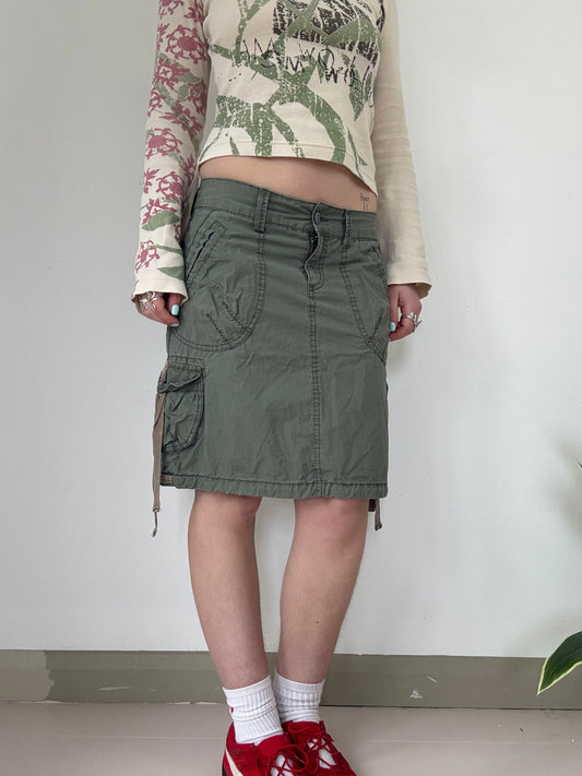 khaki low rise cargo midi skirt