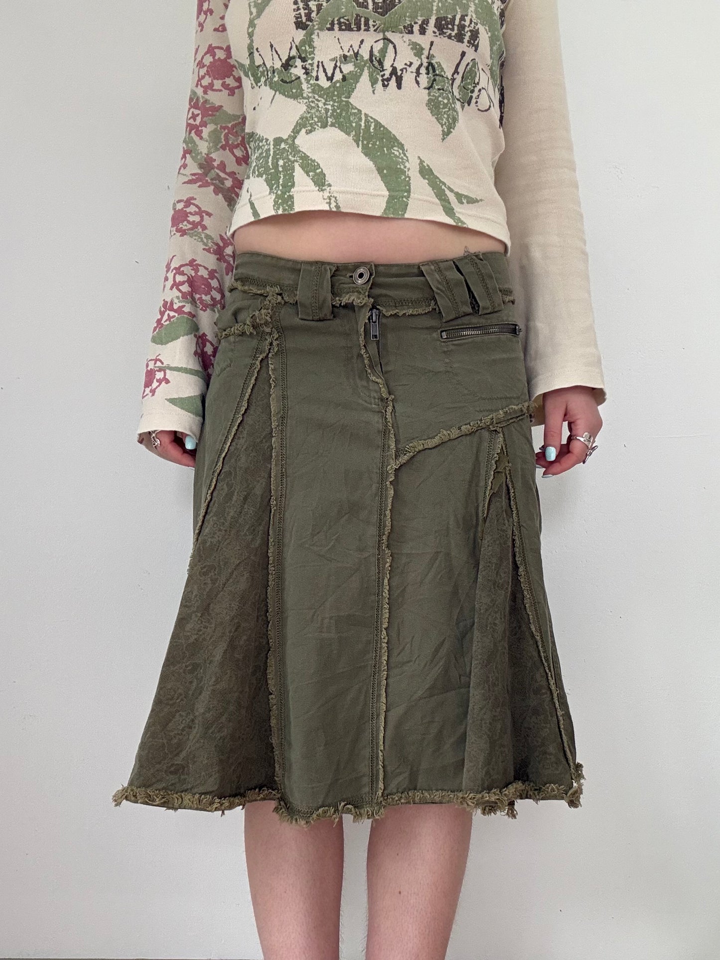 Vintage low rise khaki pleated midi skirt