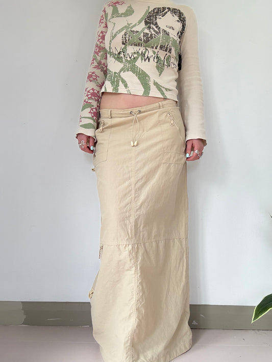 Vintage low rise lightweight cargo style maxi skirt