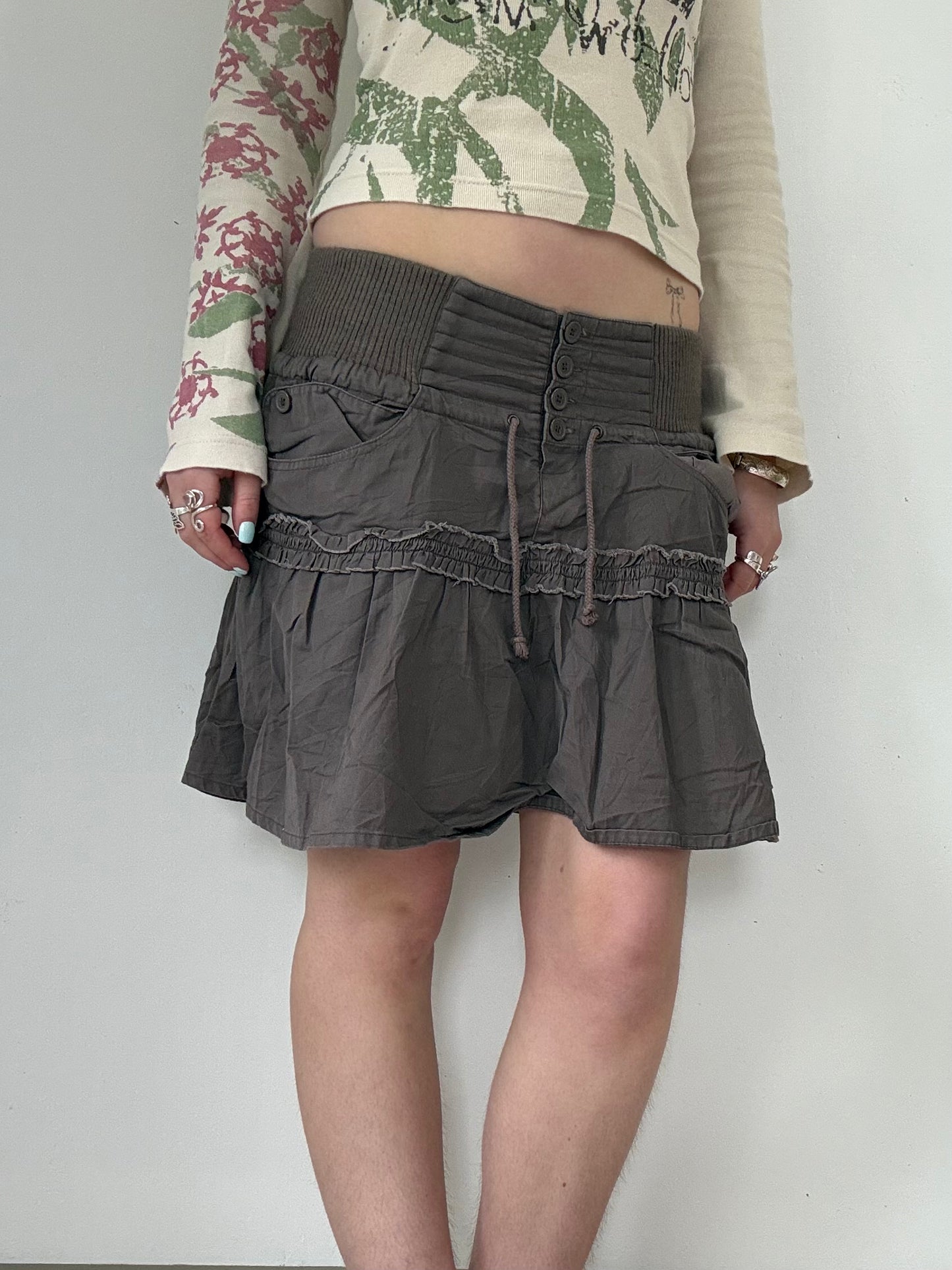 Y2k low rise cargo brown button up midi skirt