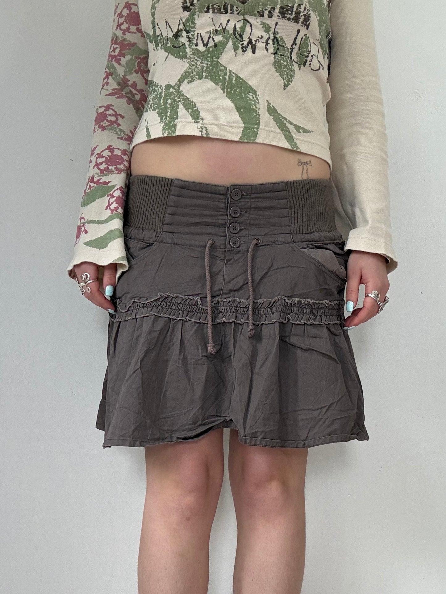 Y2k low rise cargo brown button up midi skirt