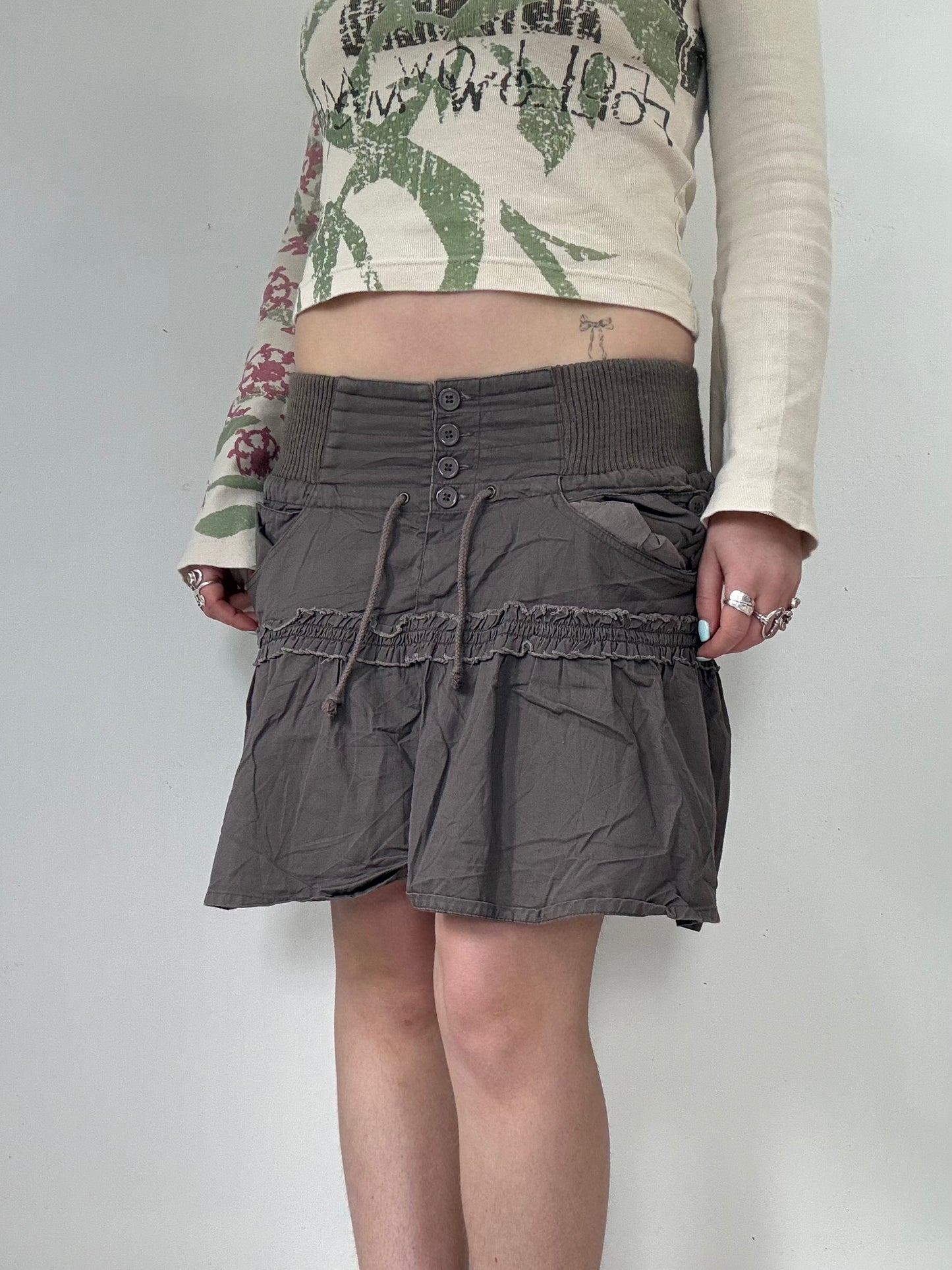 Y2k low rise cargo brown button up midi skirt