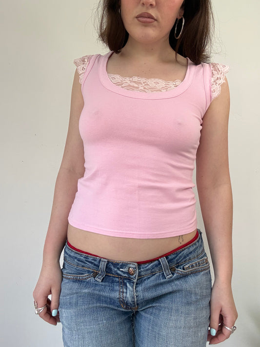 light pink crop top with lace sleeve details