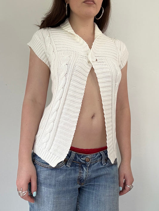 Vintage white knit short sleeve button up cardigan