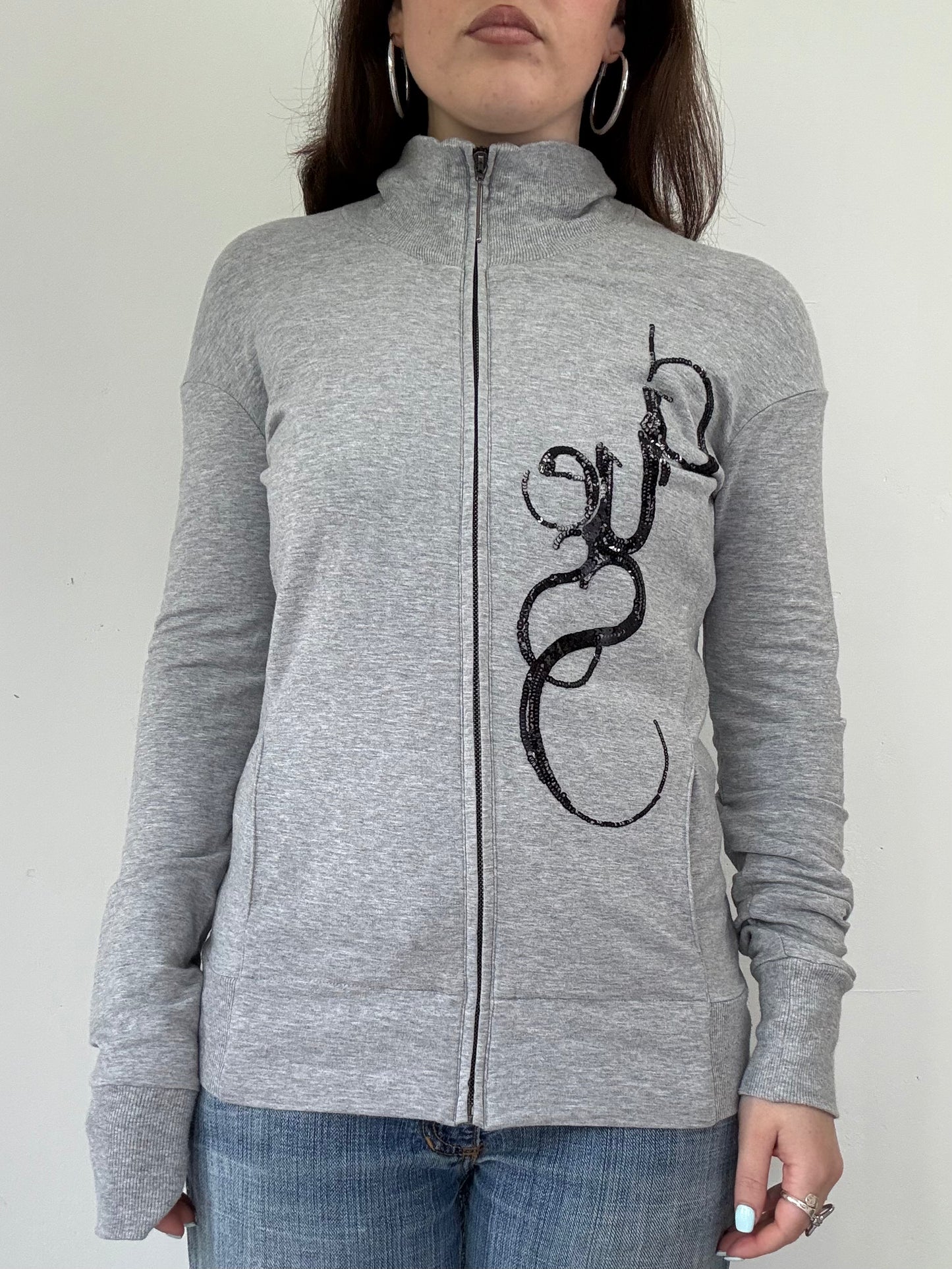 Guess grey graphic high neck zip up lightweight jumper