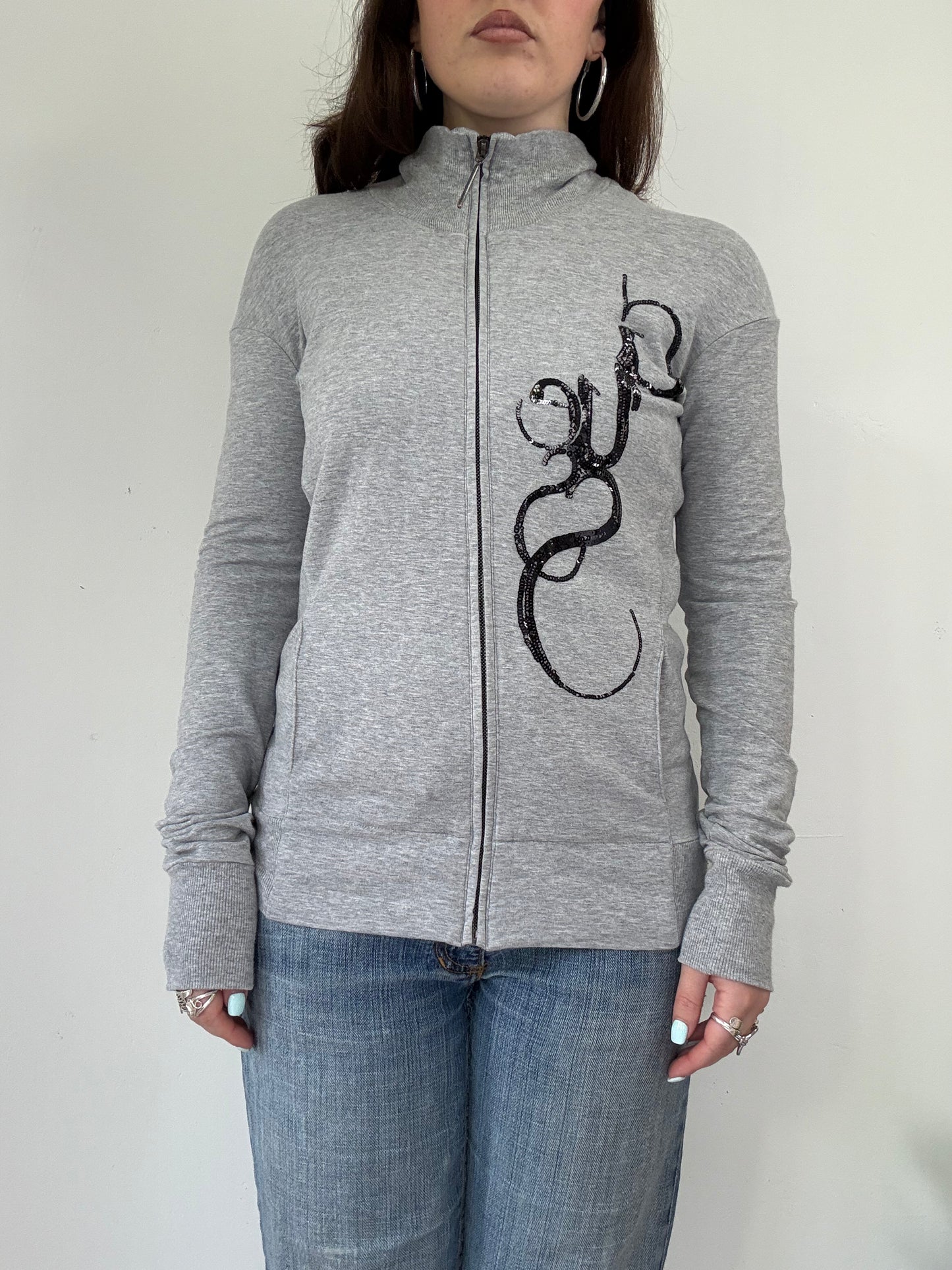 Guess grey graphic high neck zip up lightweight jumper