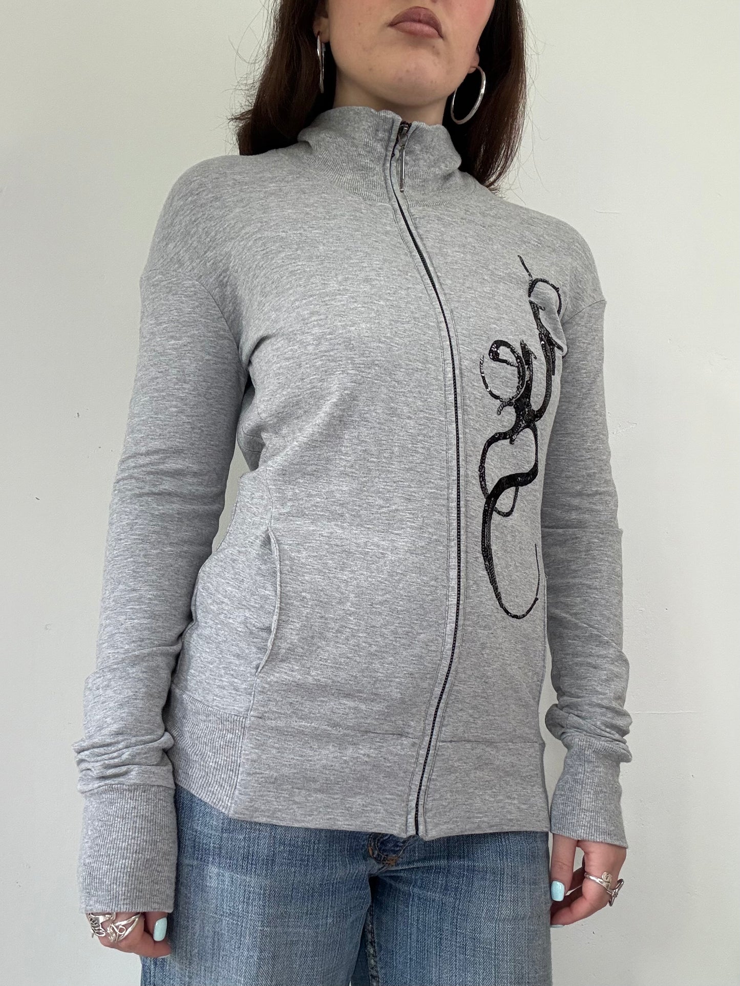 Guess grey graphic high neck zip up lightweight jumper