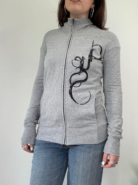 Guess grey graphic high neck zip up lightweight jumper