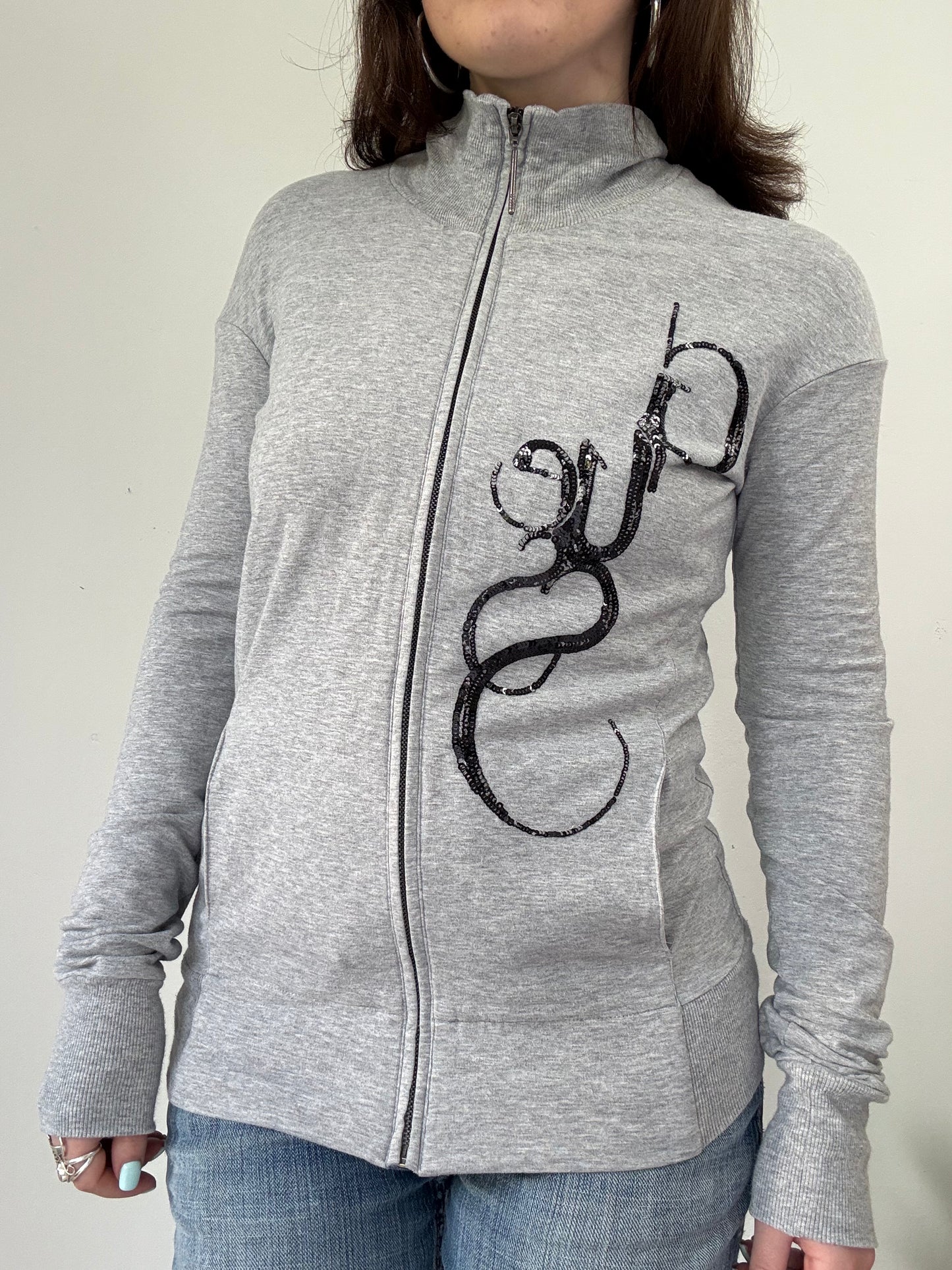 Guess grey graphic high neck zip up lightweight jumper