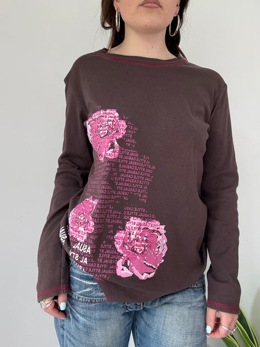 Vintage brown floral graphic long sleeve top
