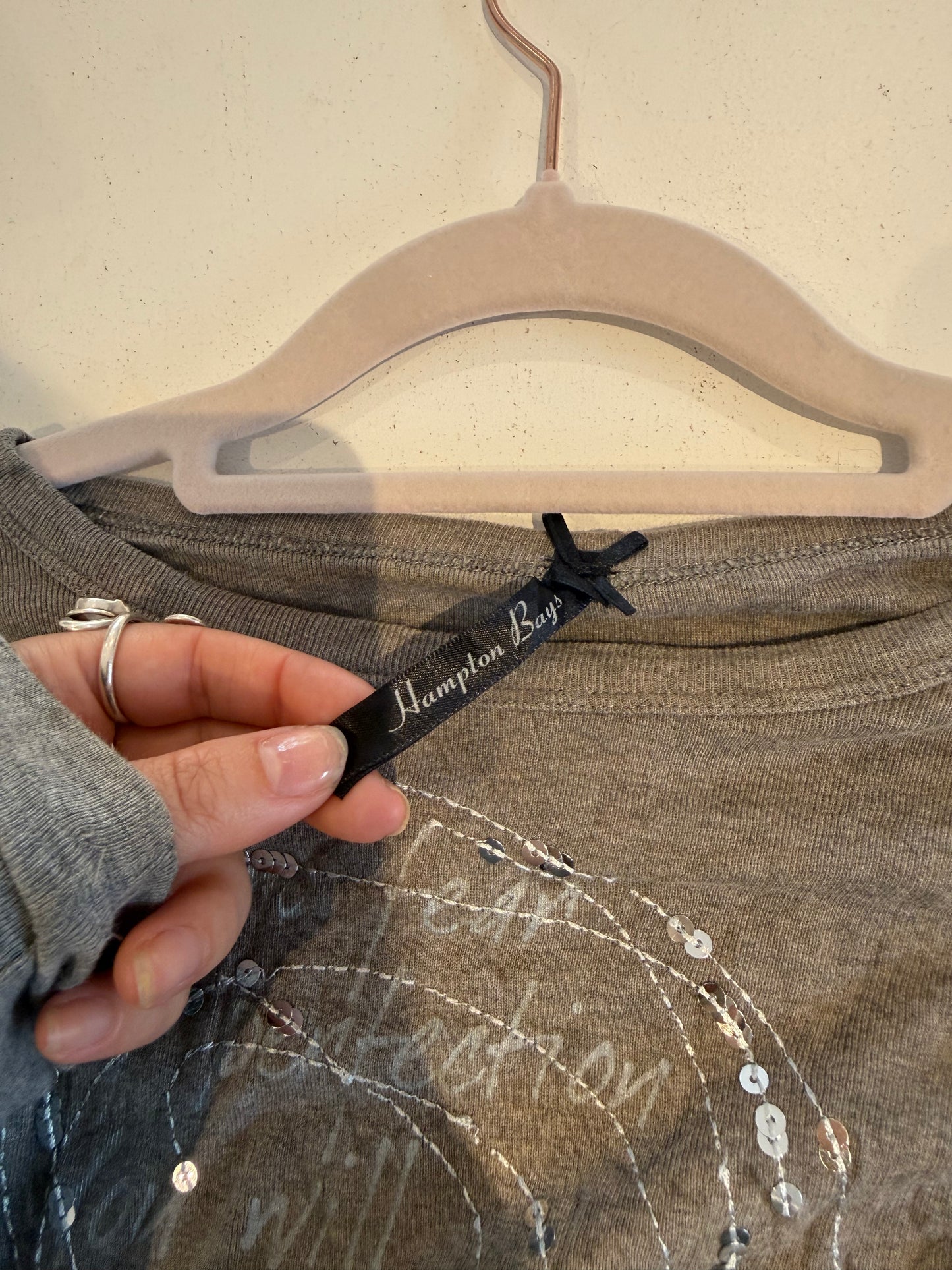 khaki sequin graphic long sleeve top