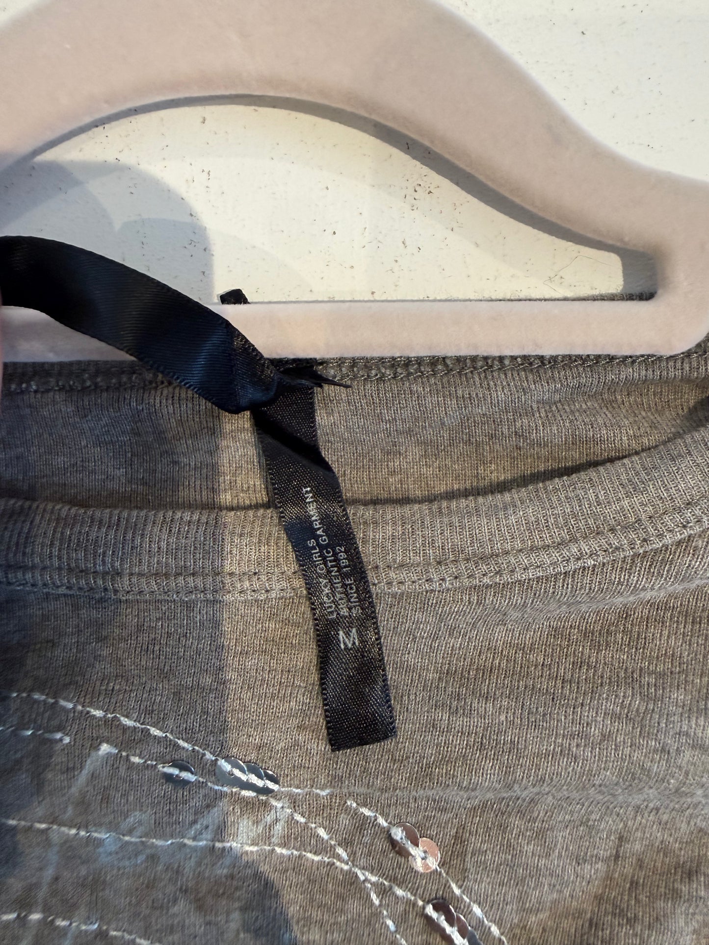 khaki sequin graphic long sleeve top