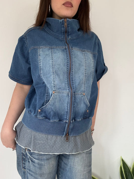 denim short sleeve double zip up high neck jacket