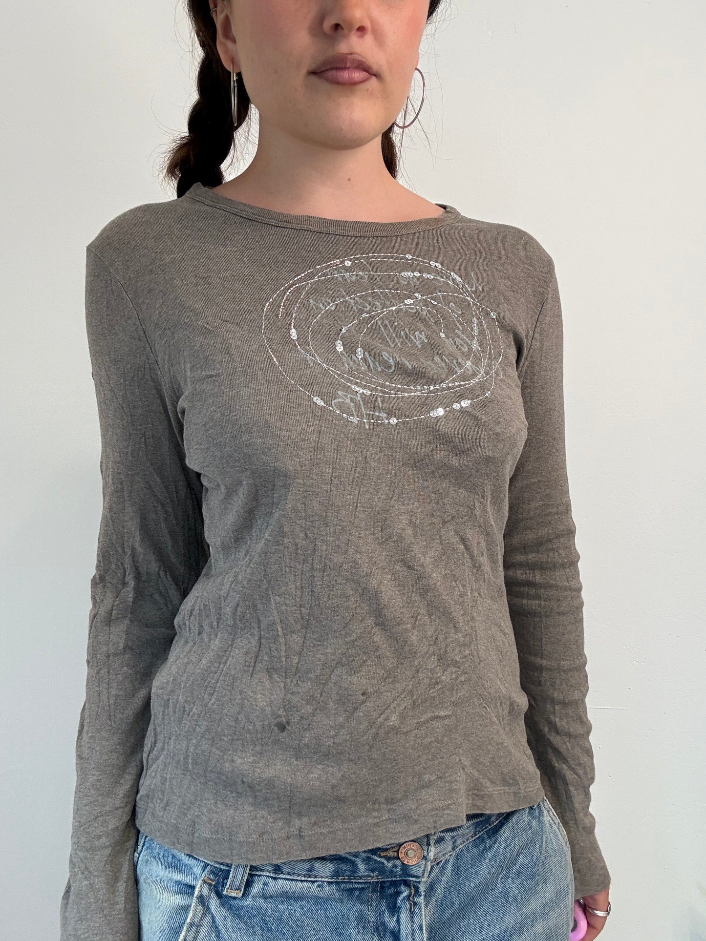 khaki sequin graphic long sleeve top