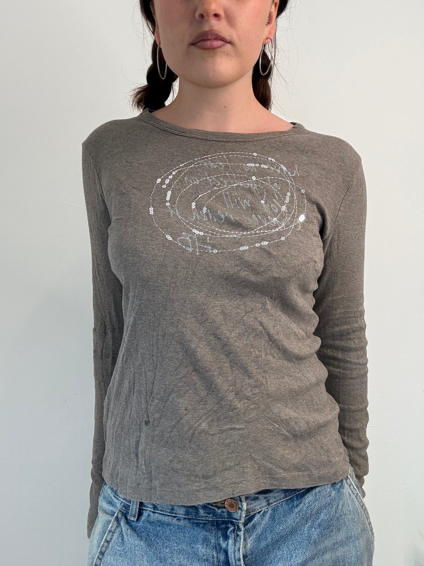 khaki sequin graphic long sleeve top
