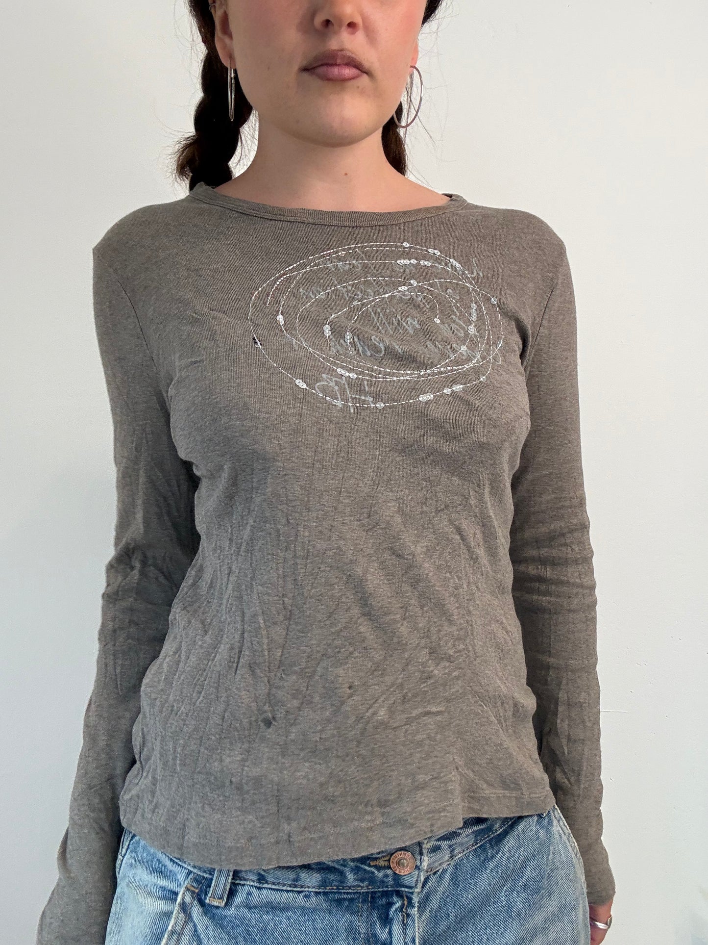 khaki sequin graphic long sleeve top