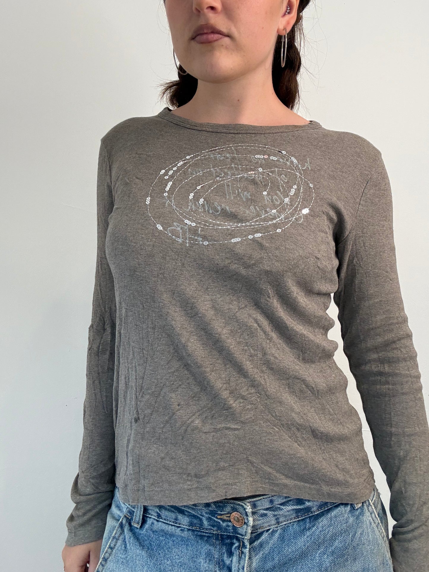 khaki sequin graphic long sleeve top