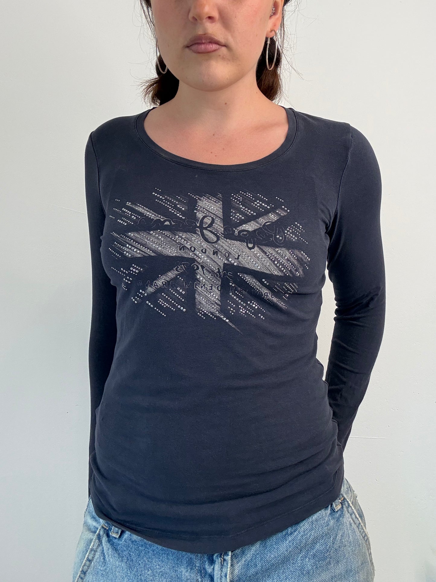 Pepe jeans navy bedazzled long sleeve top