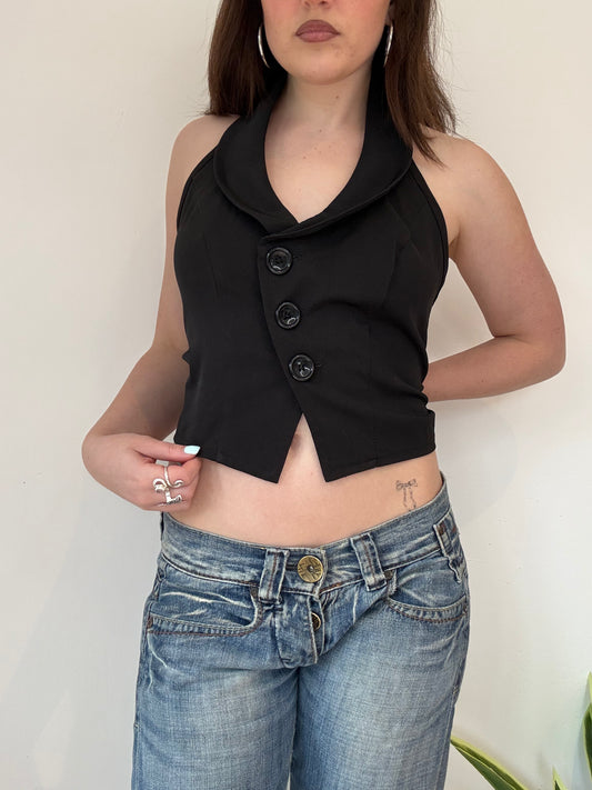 y2k black halterneck button up waistcoat top