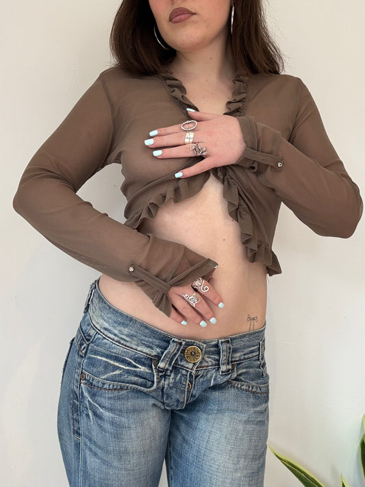 y2k brown sheer ruffle tie up cardigan top