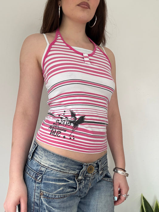 y2k pink stripy double layer halterneck cami top