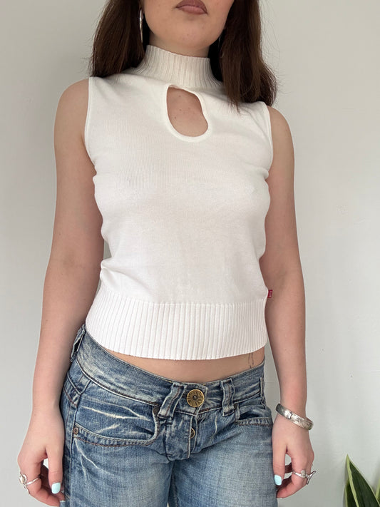 white high neck knit top with keyhole cutout