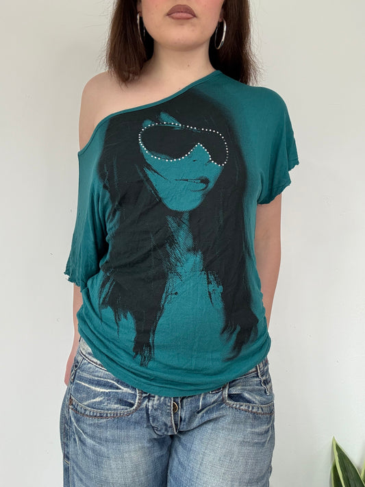 graphic grunge off the shoulder slouchy top