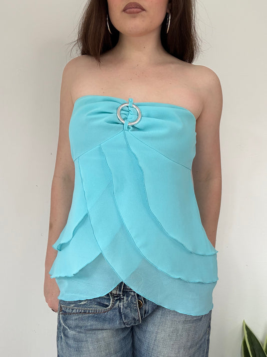 y2k blue bandeu tube top with ruffles