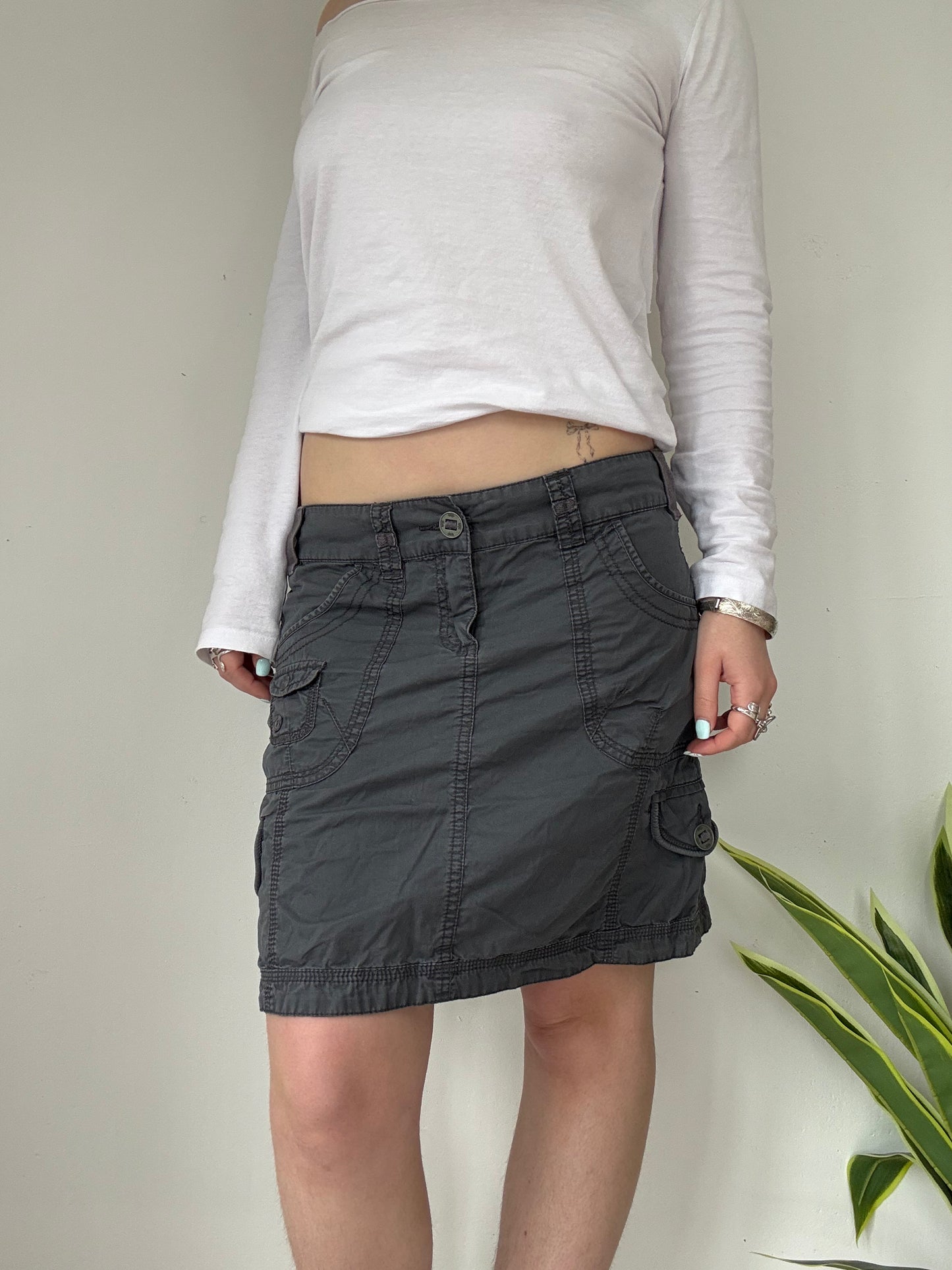 y2k grey cargo utility style midi skirt