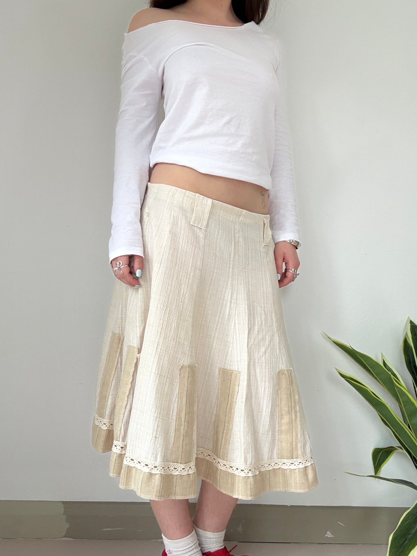 y2k low rise creme boho flowy fairy midi skirt