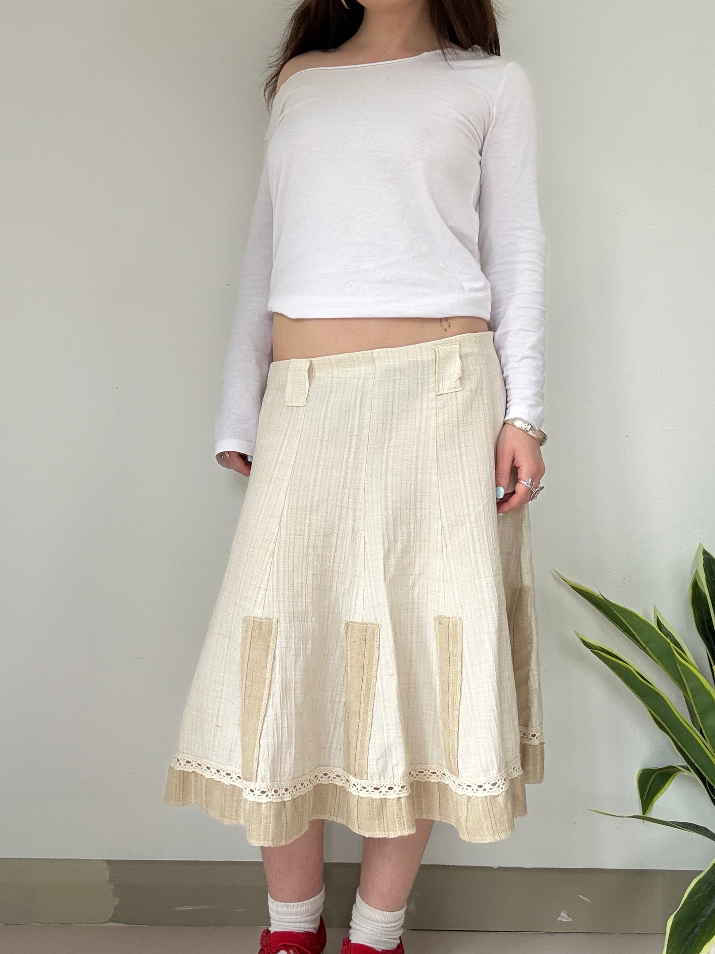 y2k low rise creme boho flowy fairy midi skirt