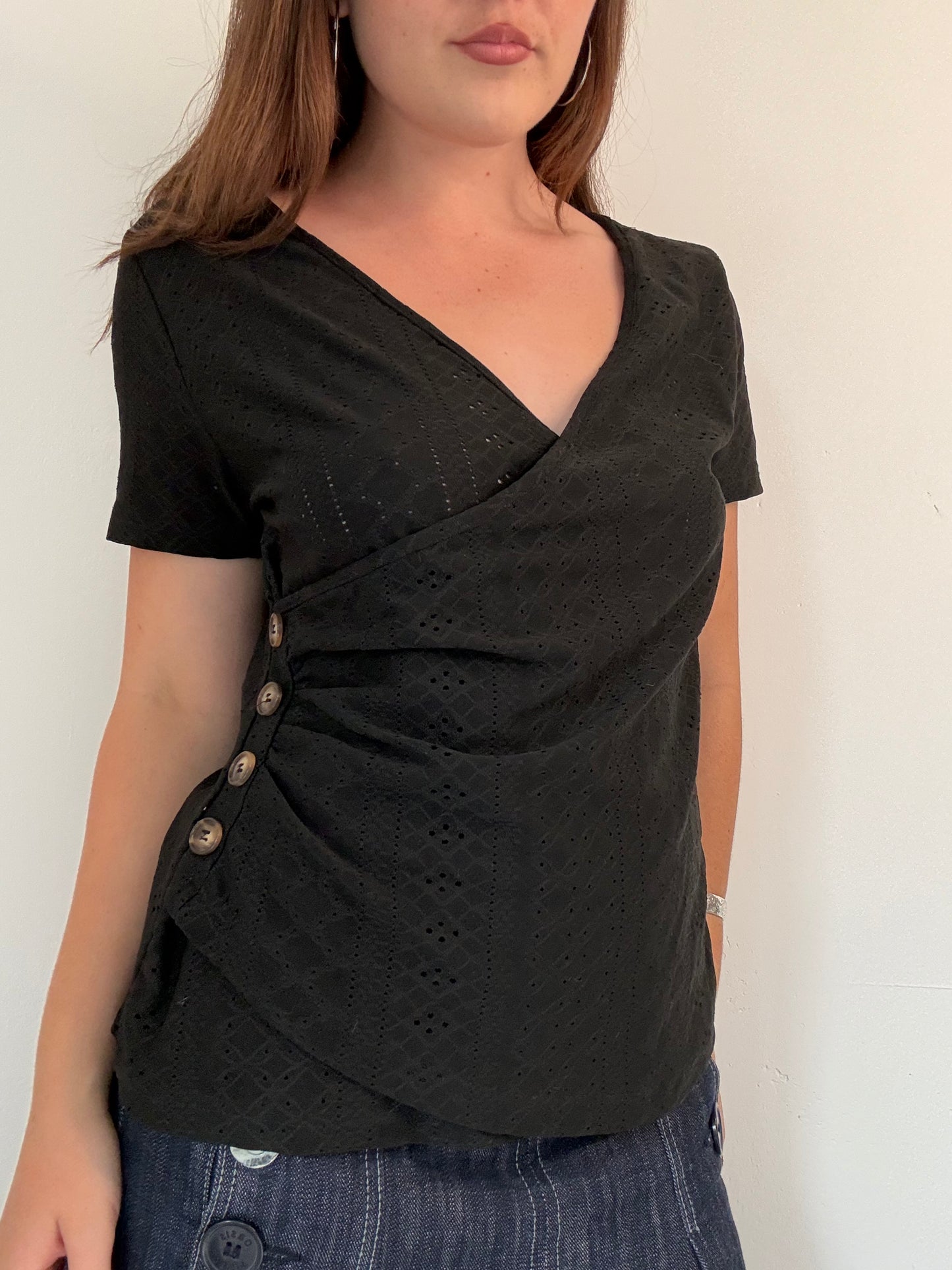 Black asymmetric button up short sleeve top