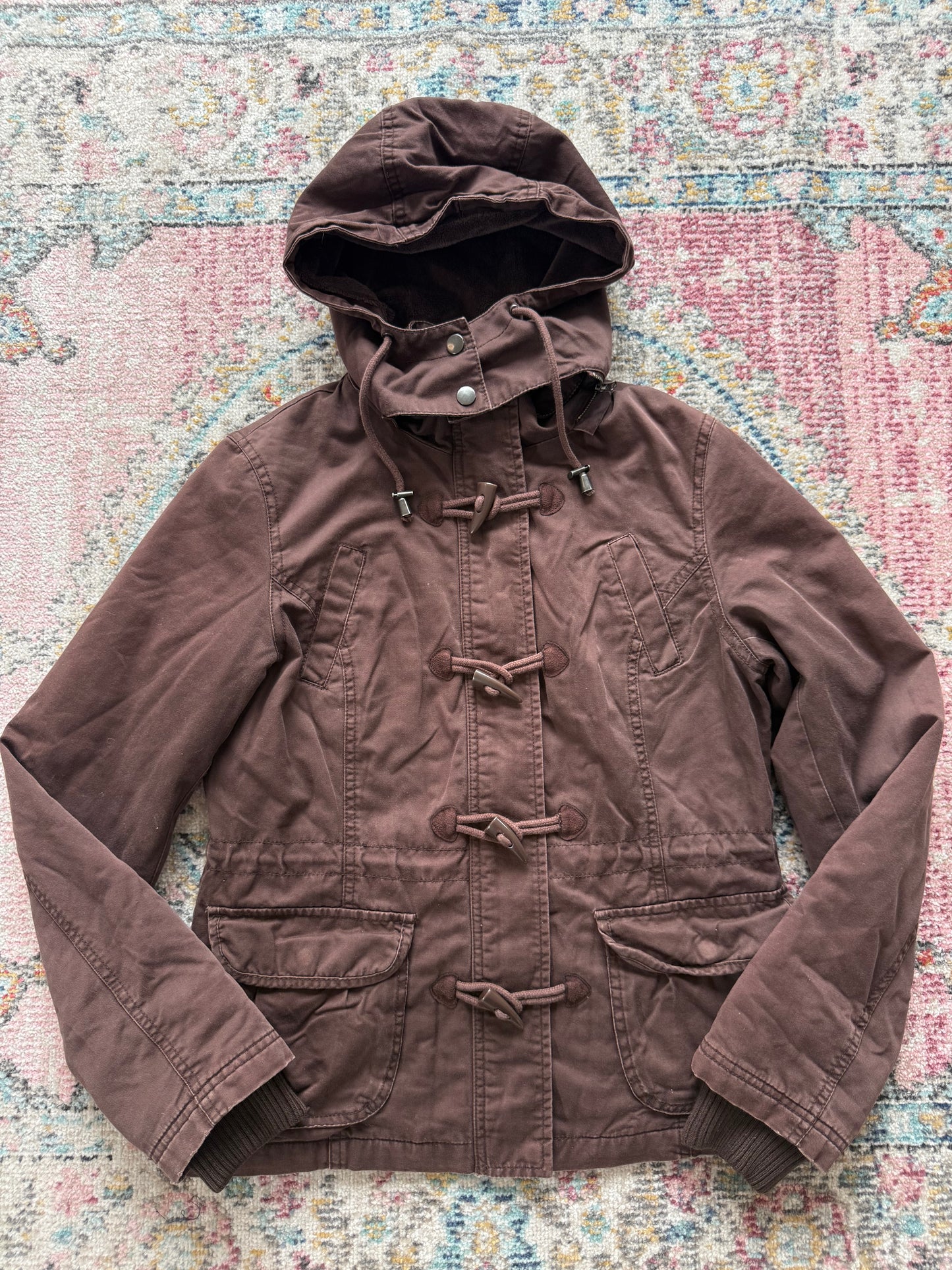 Vintage brown zip up jacket with fur lining and removable hood