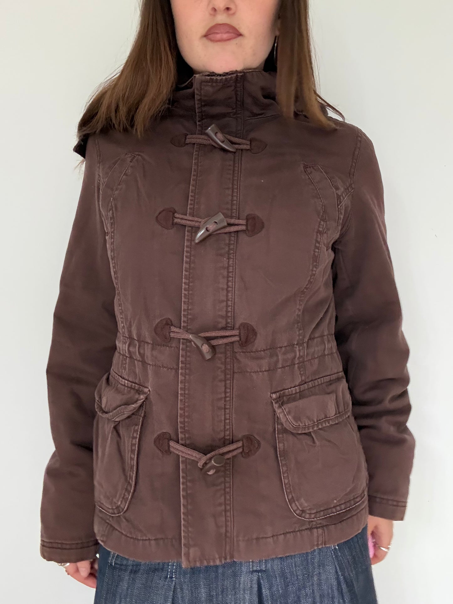 Vintage brown zip up jacket with fur lining and removable hood