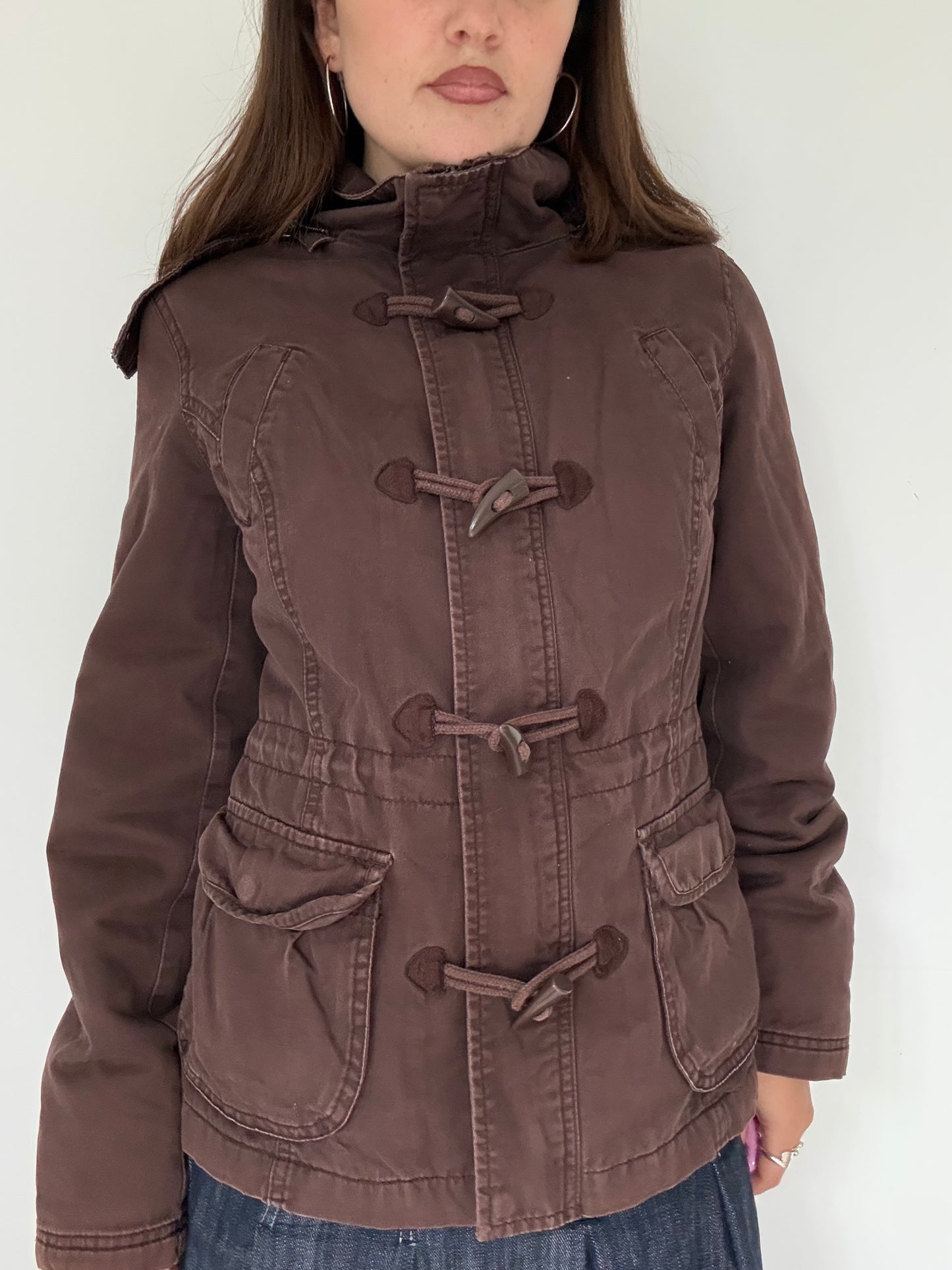 Vintage brown zip up jacket with fur lining and removable hood