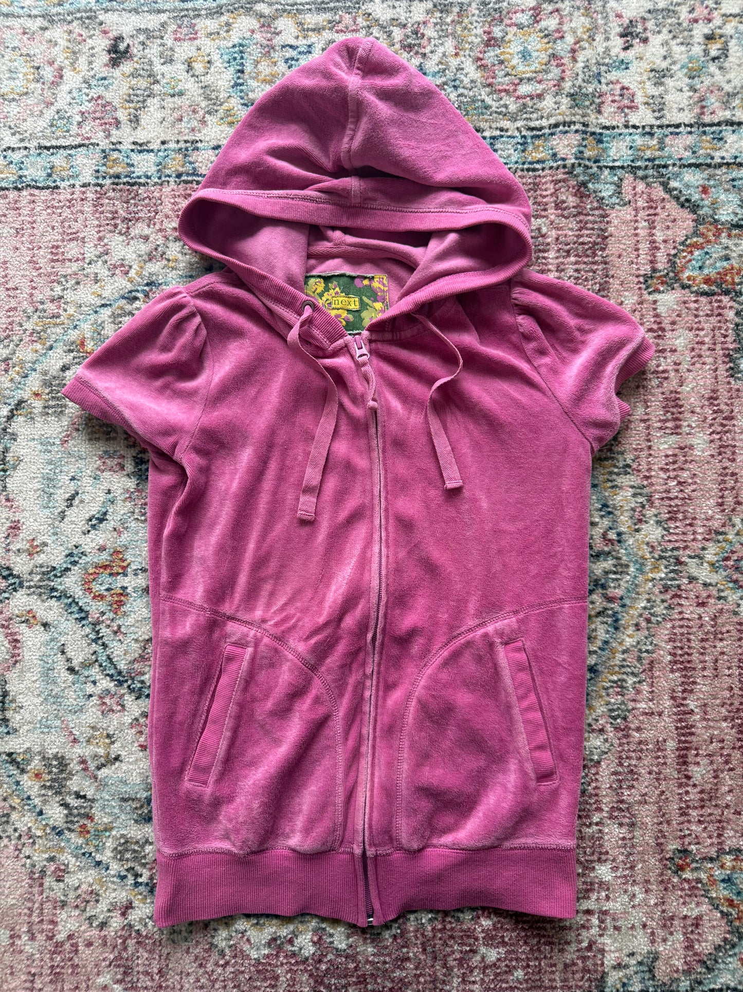 Pink velour zip up short sleeve hoodie