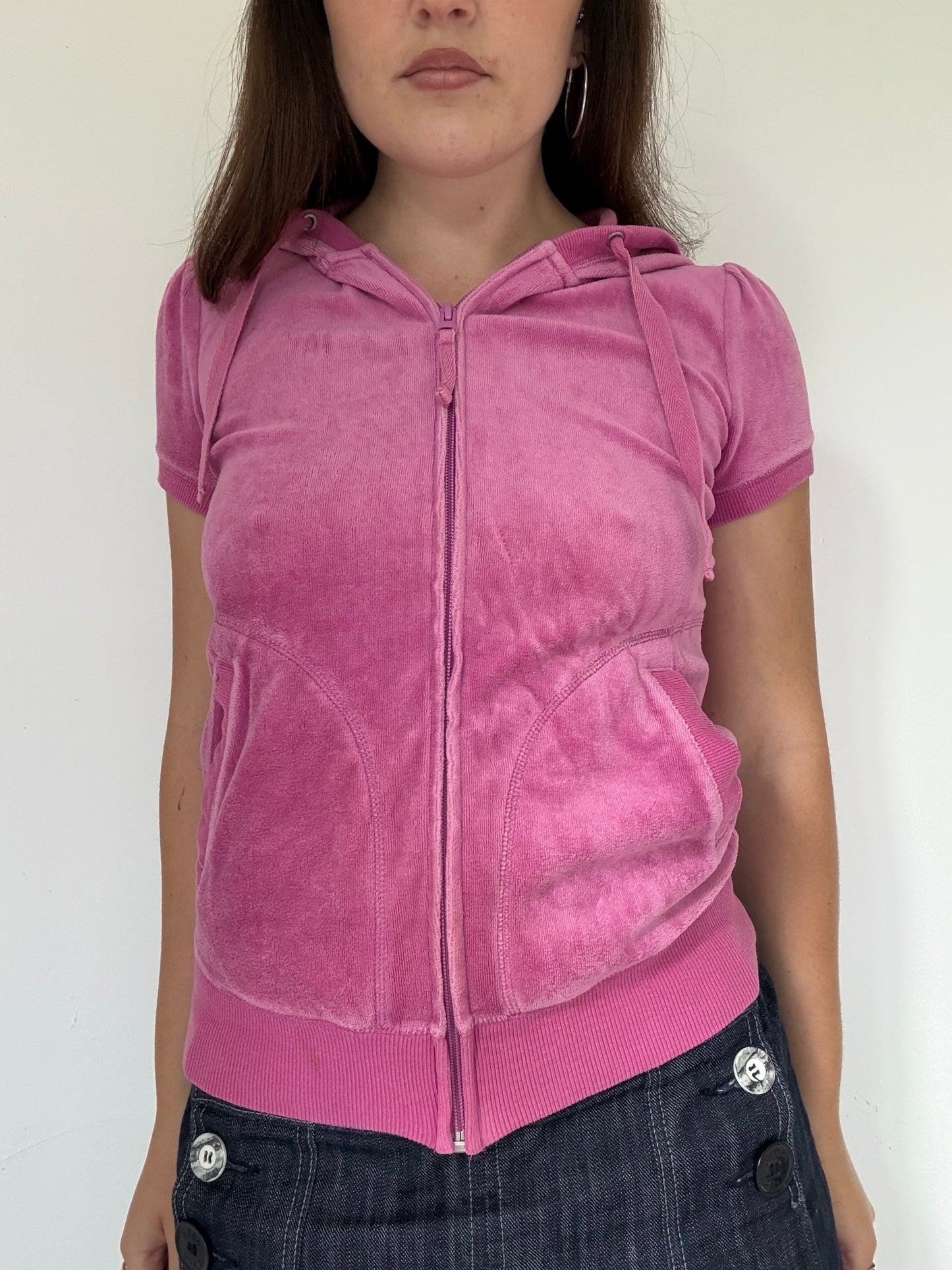 Pink velour zip up short sleeve hoodie