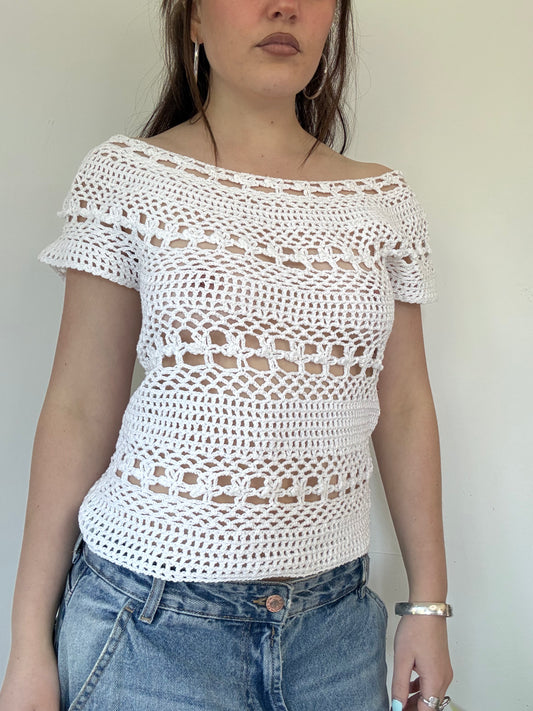 white crochet off the shoulder top