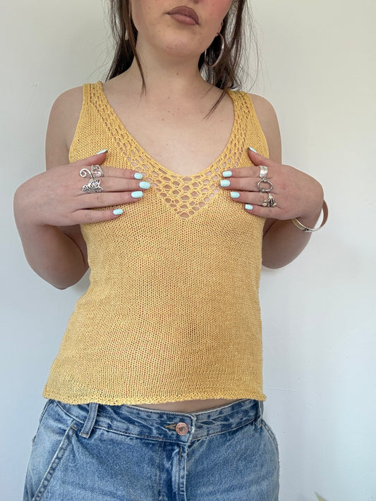 yellow gold crochet knit sheer cami top