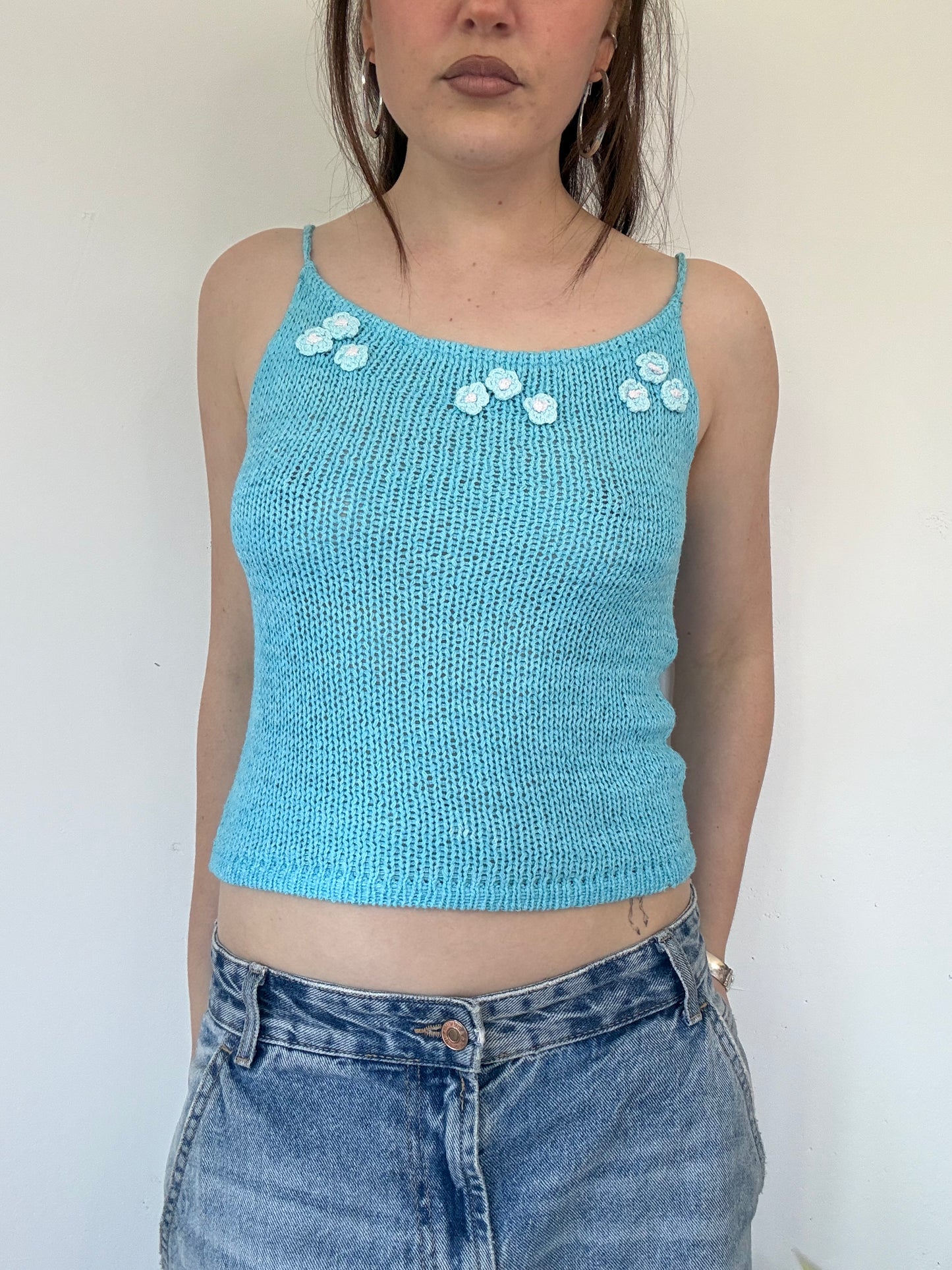 blue knit crochet cami top