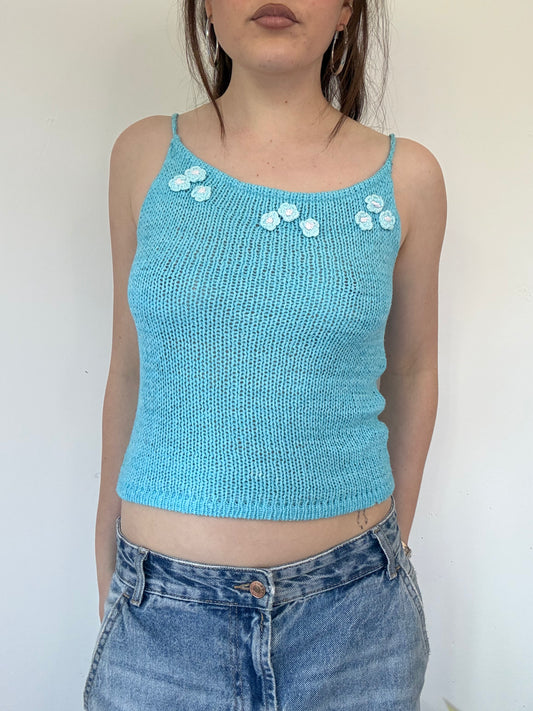 blue knit crochet cami top